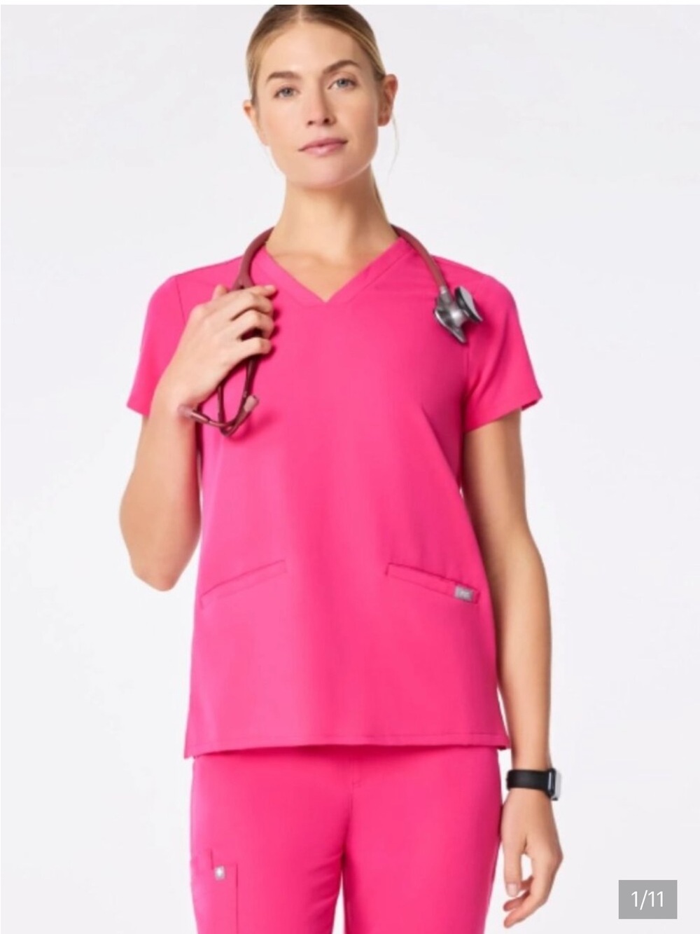 Figs Casma Three Pocket Shocking Pink Scrub Top